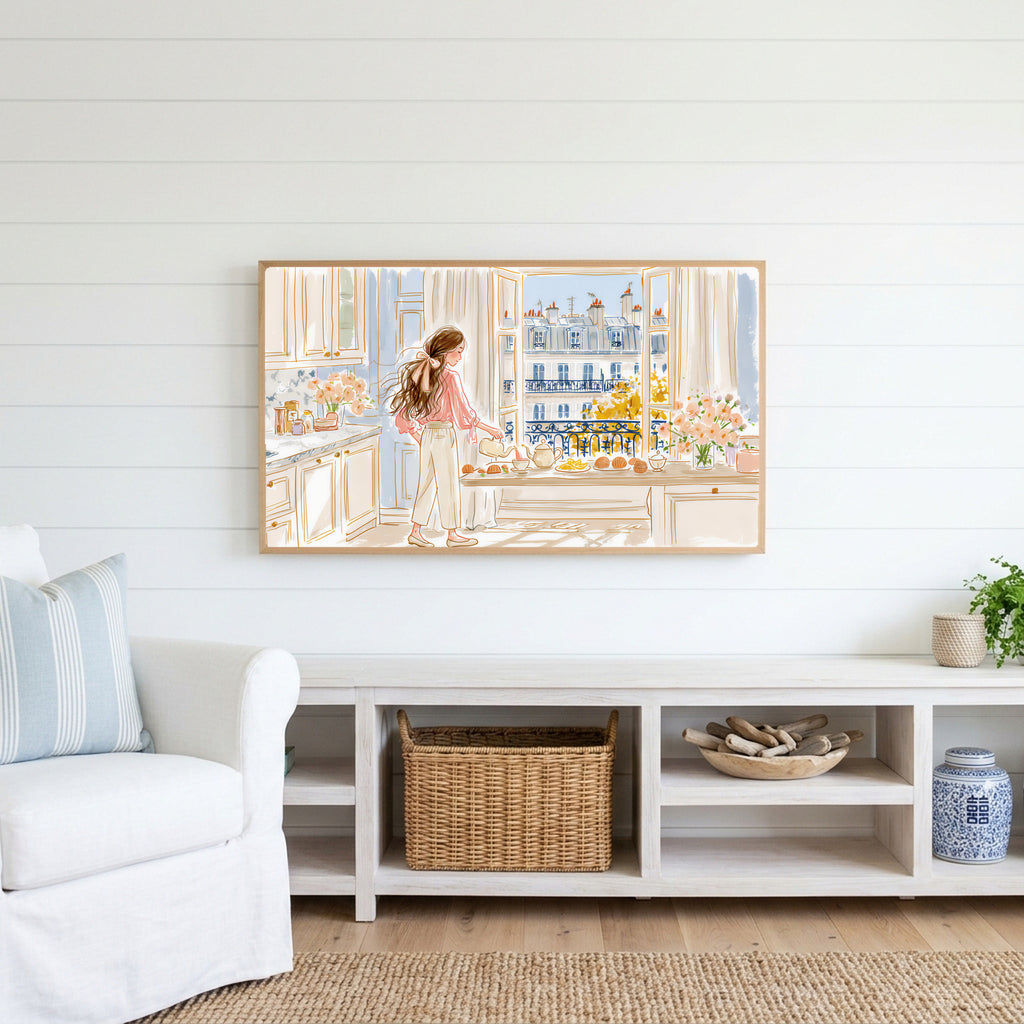Paris morning tea Frame TV art above a white console with a rattan basket in a coastal living room