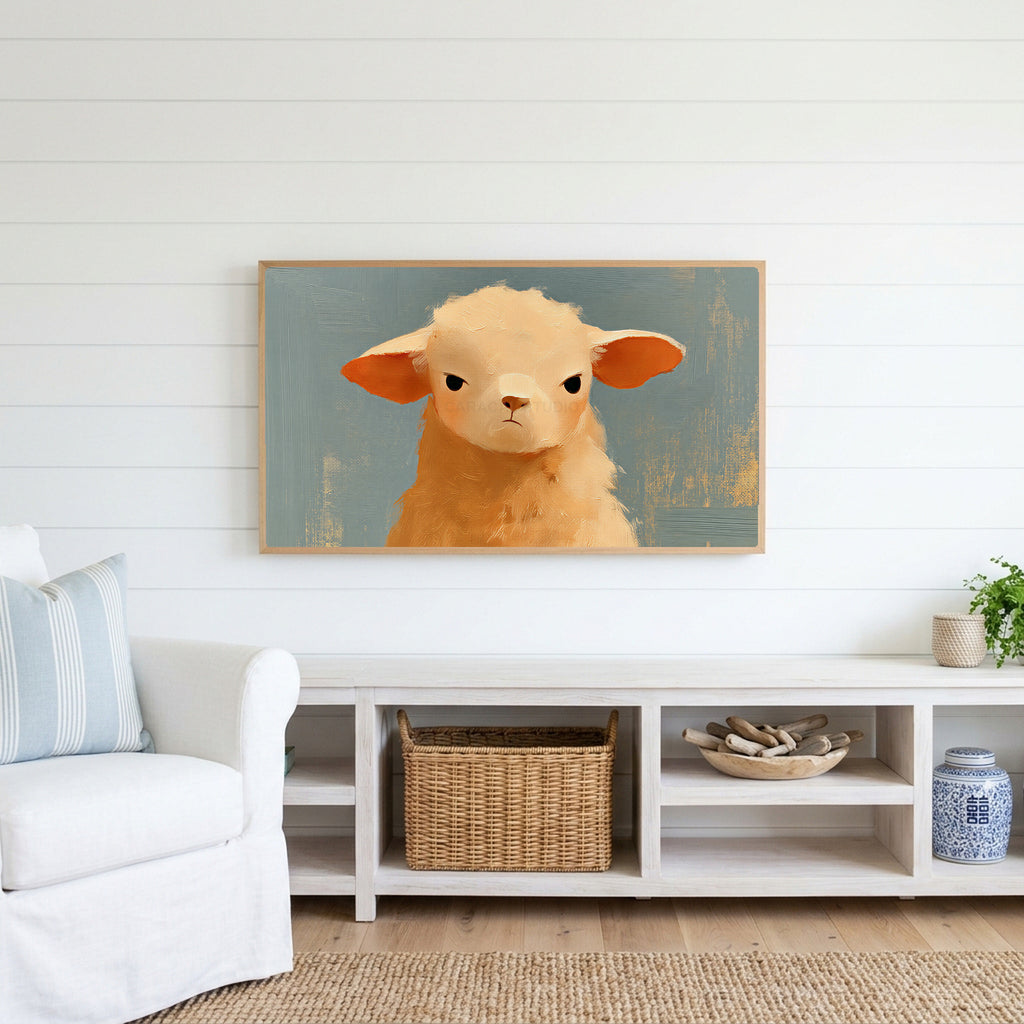Grumpy lamb Frame TV art above a white console with a rattan basket in a coastal living room