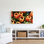 Orange tulip bouquet Frame TV art above a white console with a rattan basket in a coastal living room