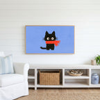Black kitten in a scarf Frame TV art above a white console with a rattan basket in a coastal living room