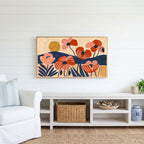 Mid century poppies Frame TV art above a white console with a rattan basket in a coastal living room