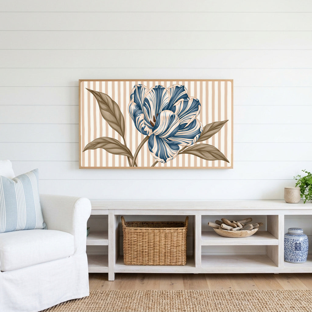 Striped tulip Frame TV art above a white console with a rattan basket in a coastal living room