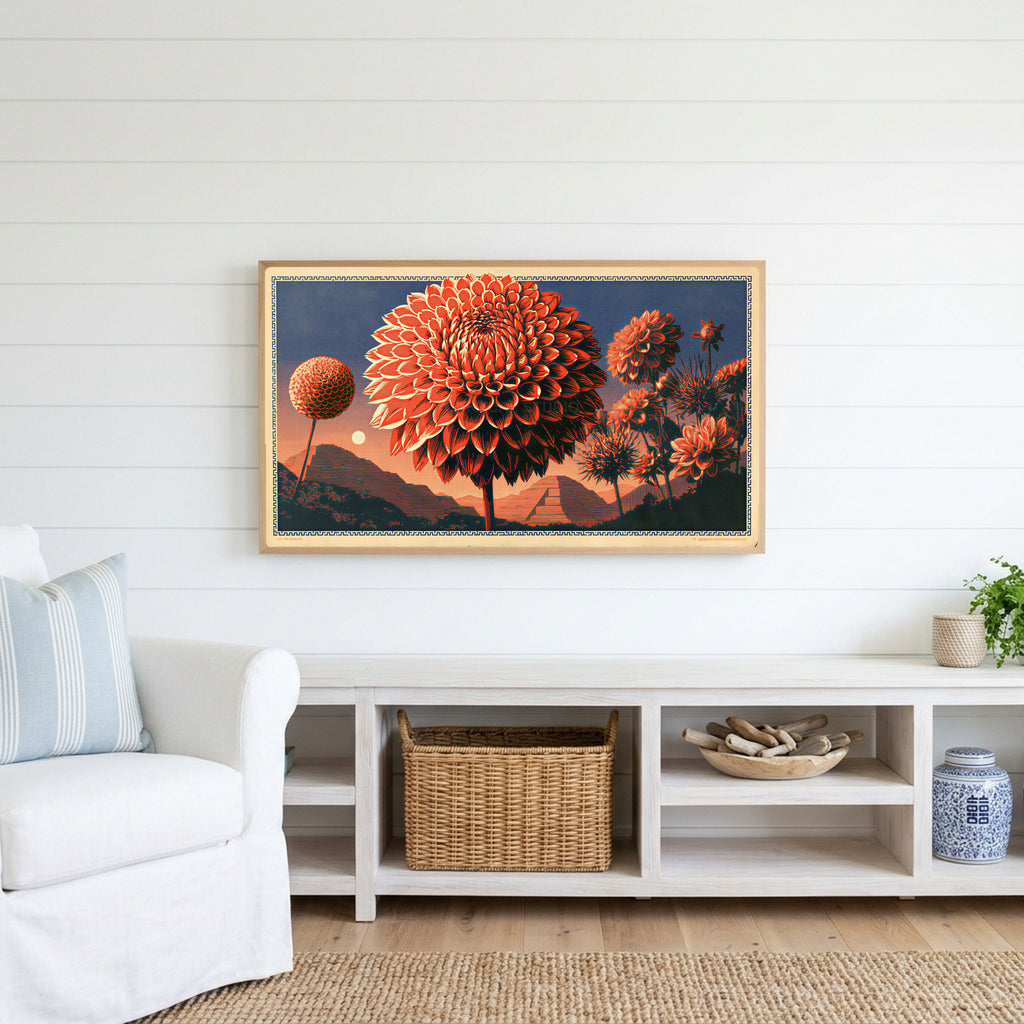 Retro dahlia Frame TV art above a white console with a rattan basket in a coastal living room