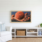 Retro dahlia Frame TV art above a white console with a rattan basket in a coastal living room