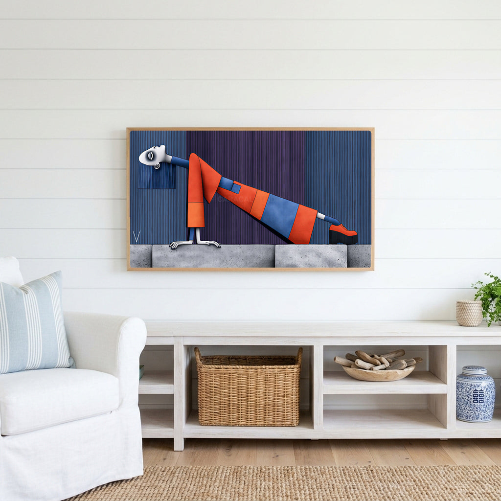 Surreal leaning woman Frame TV art above a white console with a rattan basket in a coastal living room