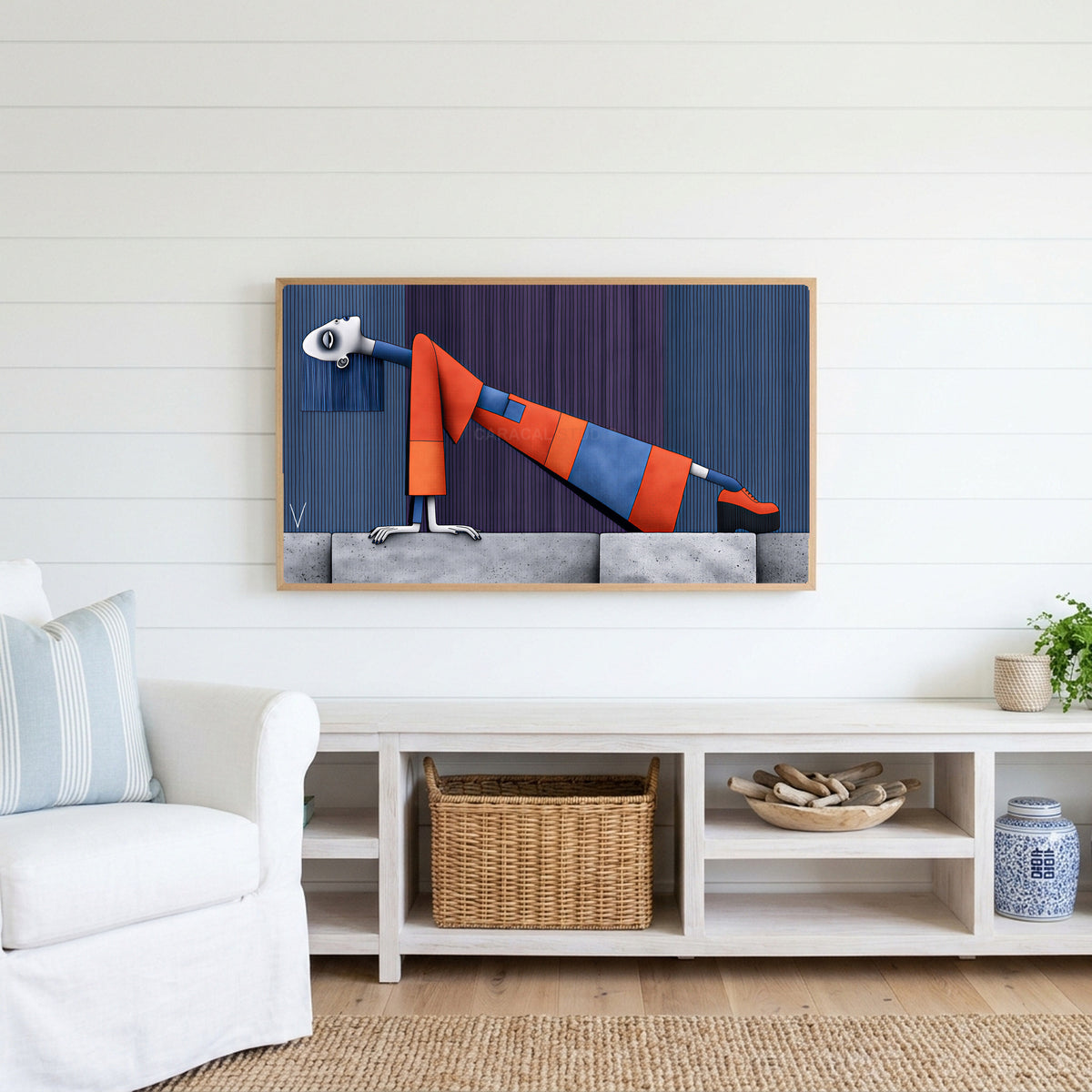 Surreal leaning woman Frame TV art above a white console with a rattan basket in a coastal living room