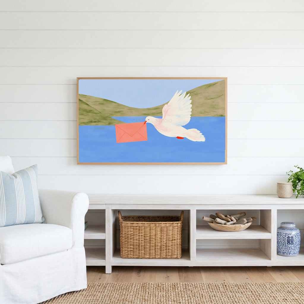 Dove with a letter Frame TV art above a white console with a rattan basket in a coastal living room