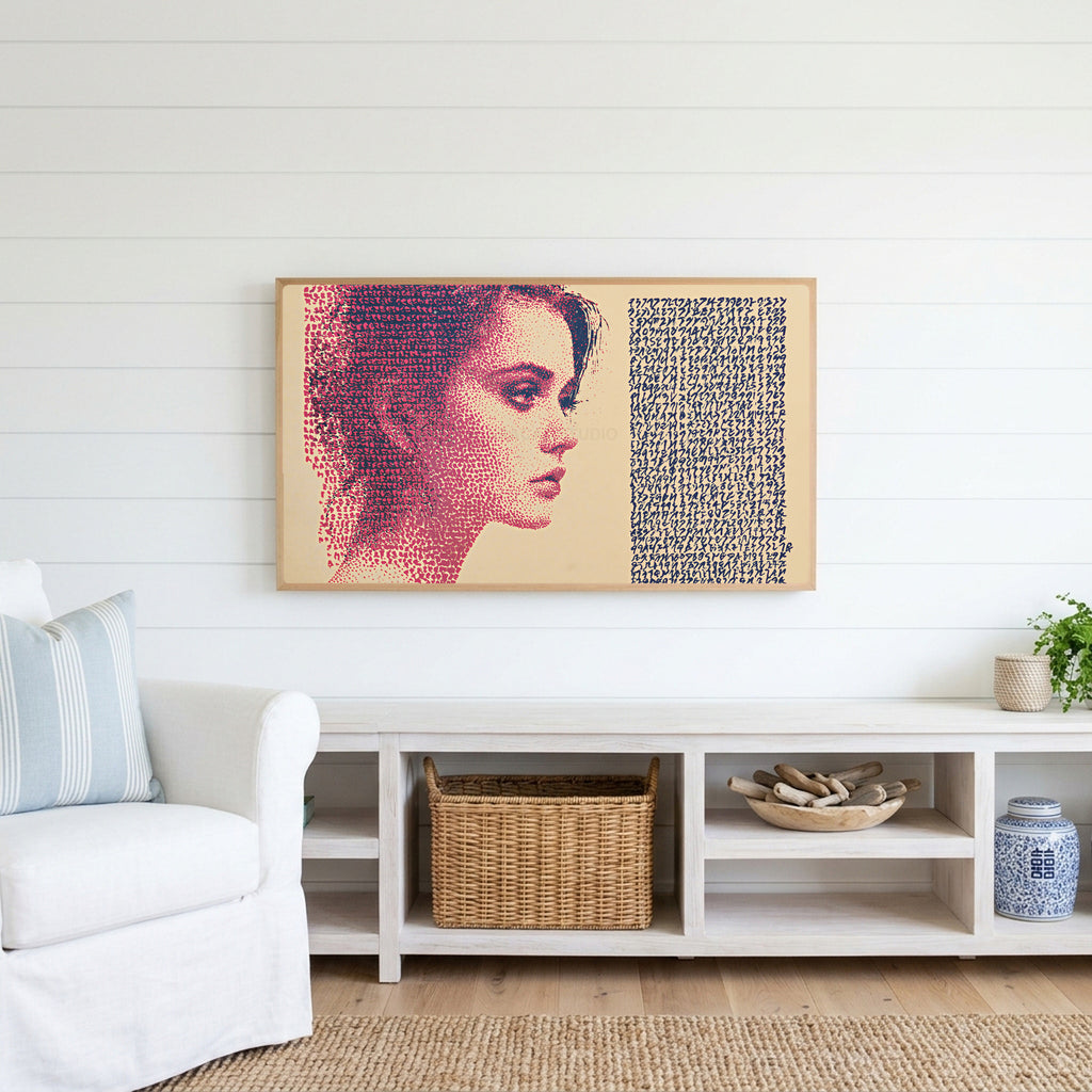 Stipple portrait Frame TV art above a white console with a rattan basket in a coastal living room