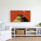 Smoking toad Frame TV art above a white console with a rattan basket in a coastal living room