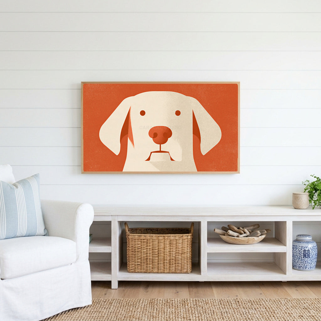 Minimalist dog Frame TV art above a white console with a rattan basket in a coastal living room
