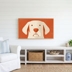 Minimalist dog Frame TV art above a white console with a rattan basket in a coastal living room