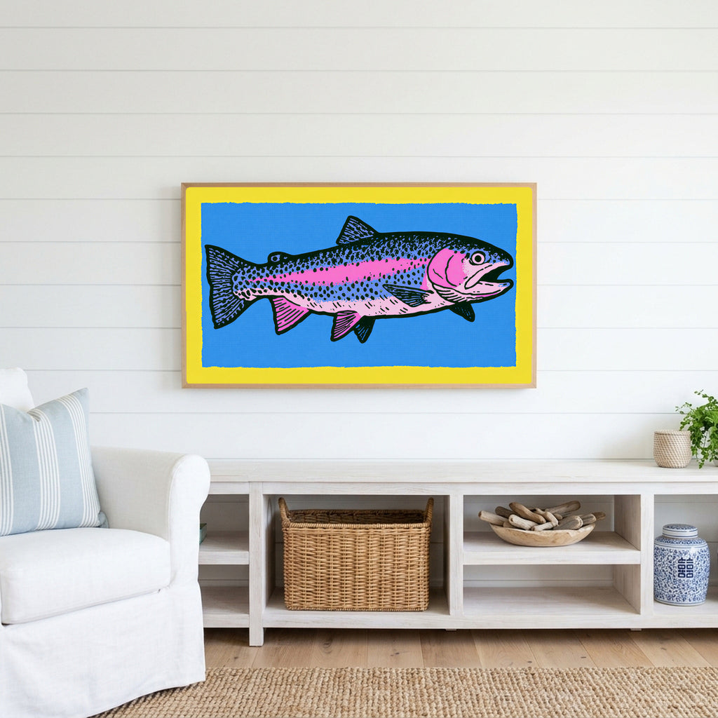 Rainbow trout Frame TV art above a white console with a rattan basket in a coastal living room