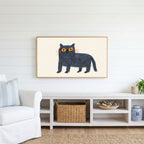 British Blue cat Frame TV art above a white console with a rattan basket in a coastal living room