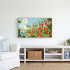 Tomato garden Frame TV art above a white console with a rattan basket in a coastal living room