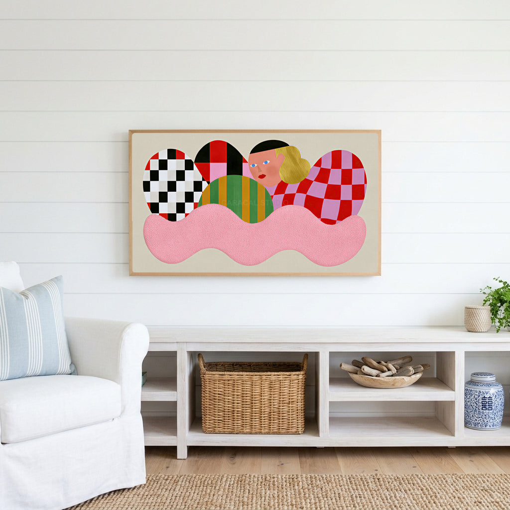 Checkered shapes portrait Frame TV art above a white console with a rattan basket in a coastal living room