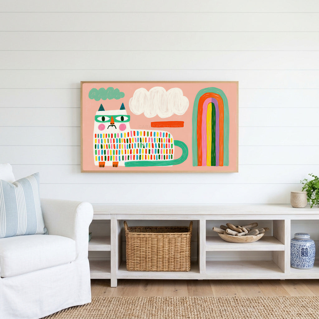 Rainbow cat Frame TV art above a white console with a rattan basket in a coastal living room