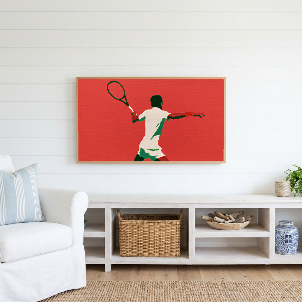 Tennis player Frame TV art above a white console with a rattan basket in a coastal living room