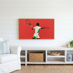 Tennis player Frame TV art above a white console with a rattan basket in a coastal living room