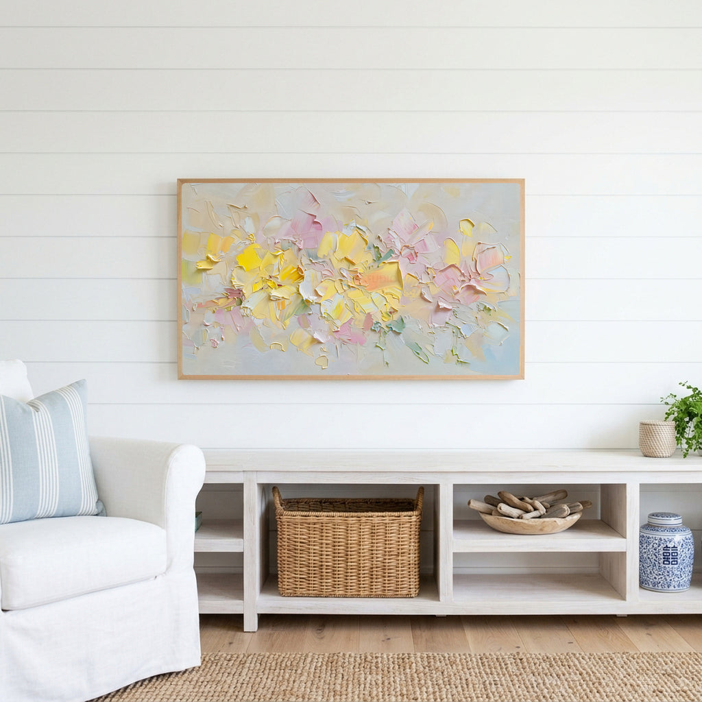 Pastel flower Frame TV art above a white console with a rattan basket in a coastal living room