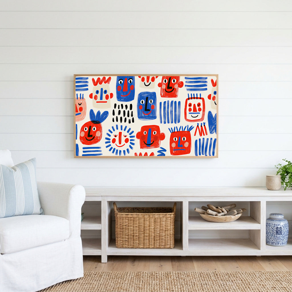 Doodle faces Frame TV art above a white console with a rattan basket in a coastal living room