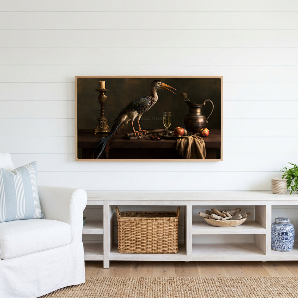 Heron still life Frame TV art above a white console with a rattan basket in a coastal living room
