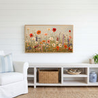 Wildflower meadow Frame TV art above a white console with a rattan basket in a coastal living room