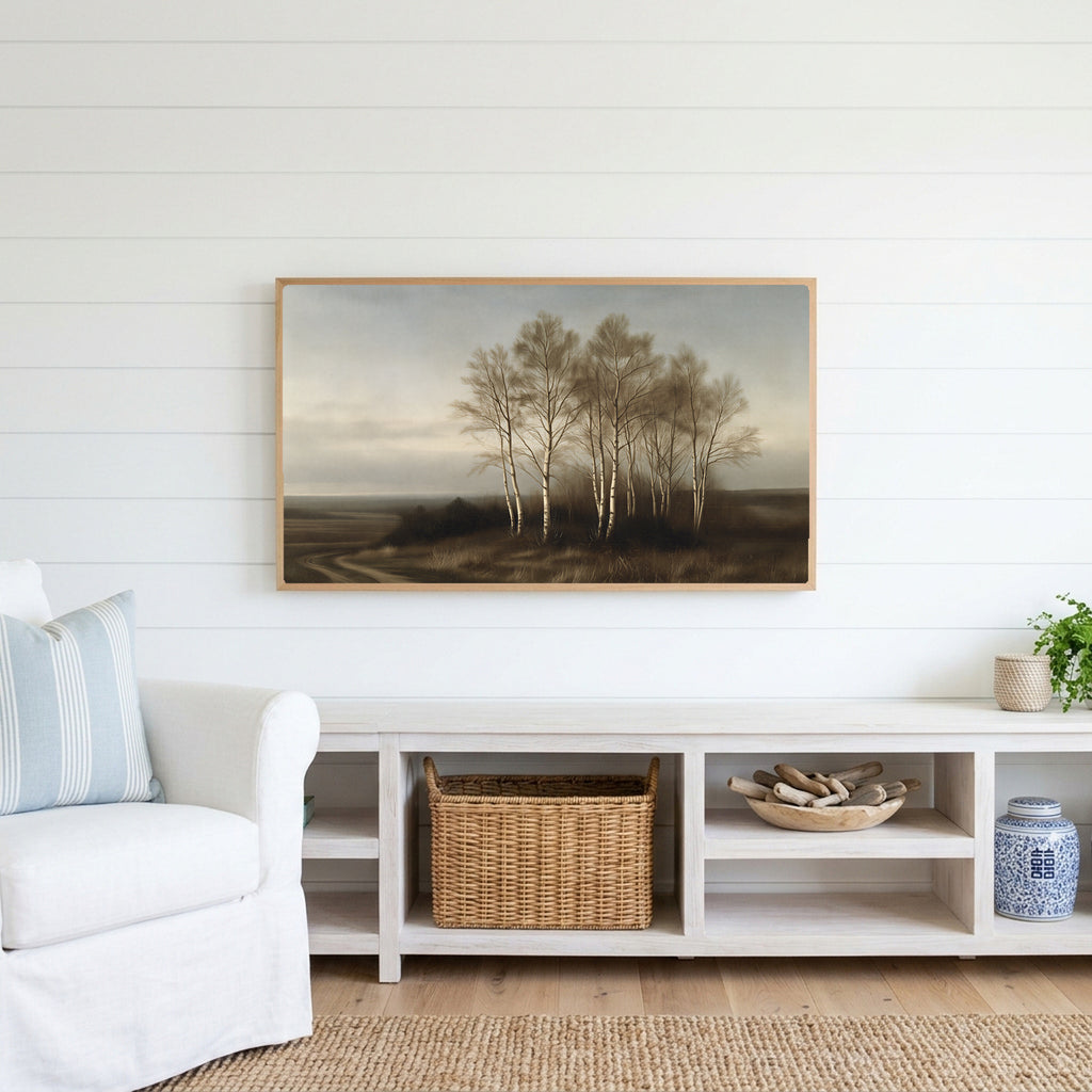 Birch trees landscape Frame TV art above a white console with a rattan basket in a coastal living room