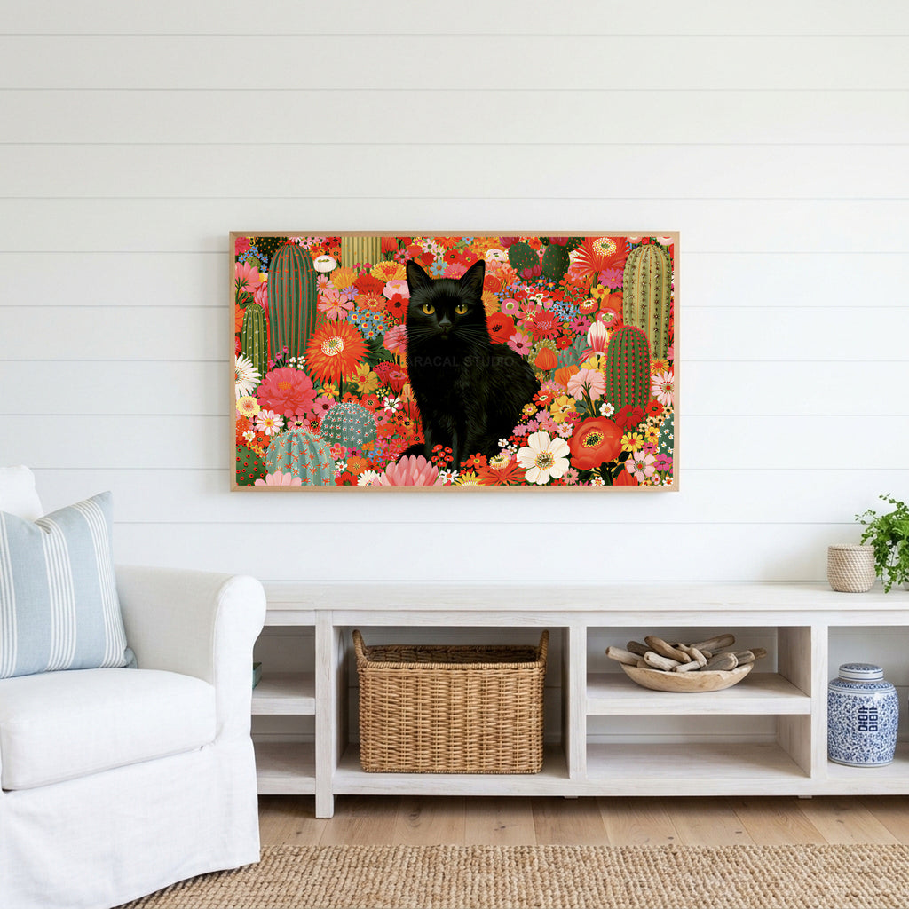 Black cat in a flower garden Frame TV art above a white console with a rattan basket in a coastal living room