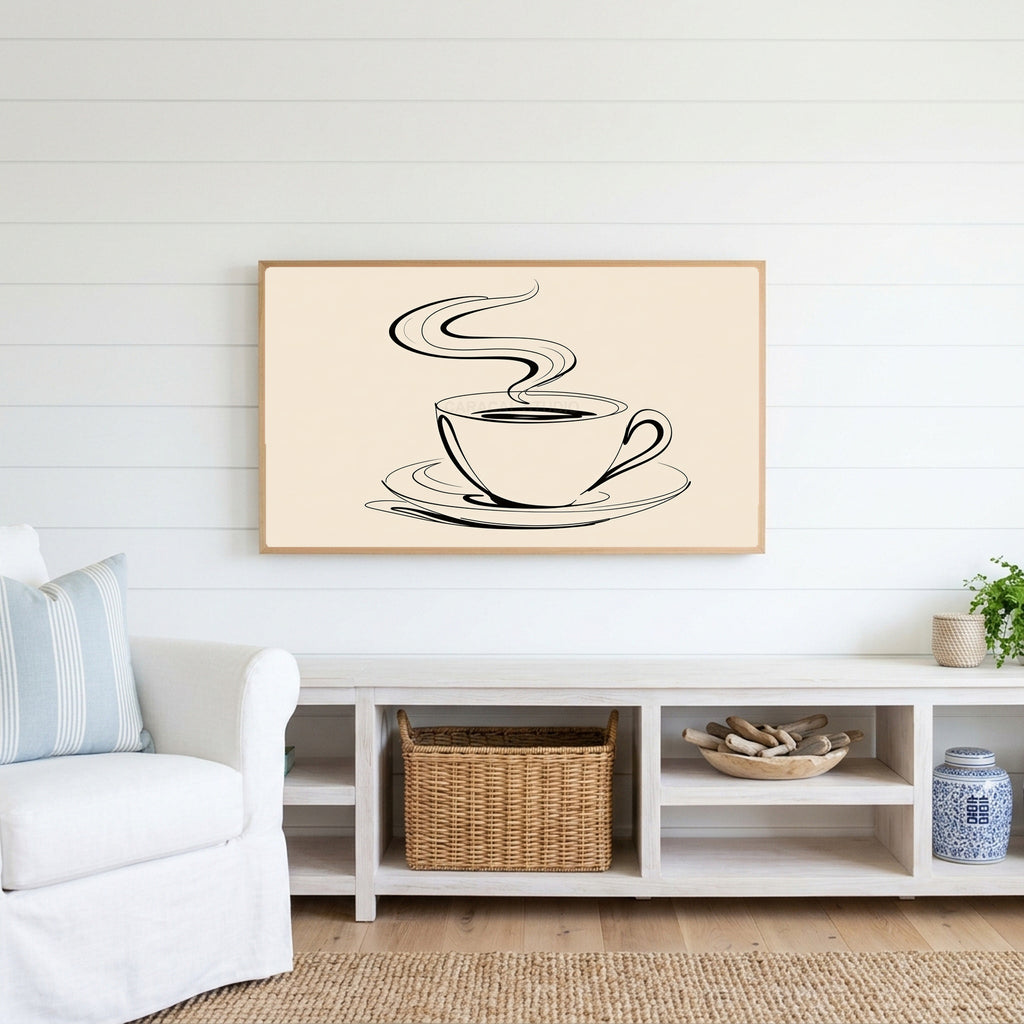 Coffee cup line art Frame TV art above a white console with a rattan basket in a coastal living room