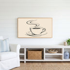Coffee cup line art Frame TV art above a white console with a rattan basket in a coastal living room