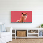 Dog in glasses Frame TV art above a white console with a rattan basket in a coastal living room