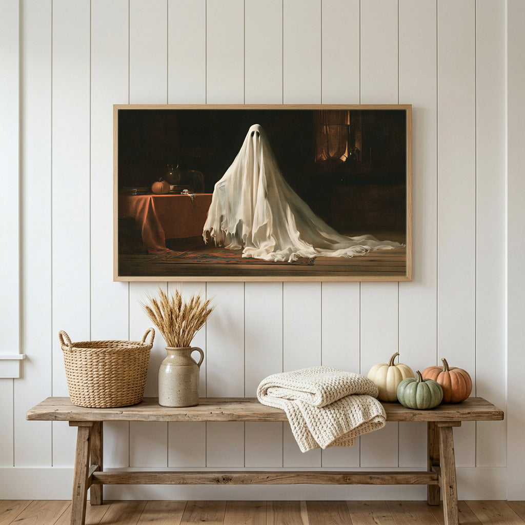 Halloween Frame TV art above a rustic bench with heirloom pumpkins on a white plank wall