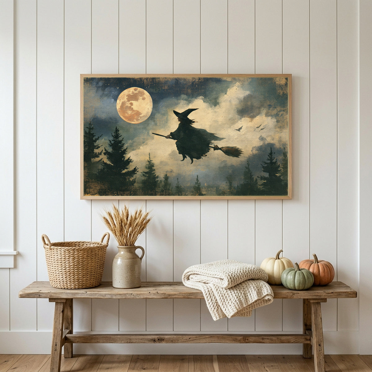 Halloween Frame TV art above a rustic bench with heirloom pumpkins on a white plank wall