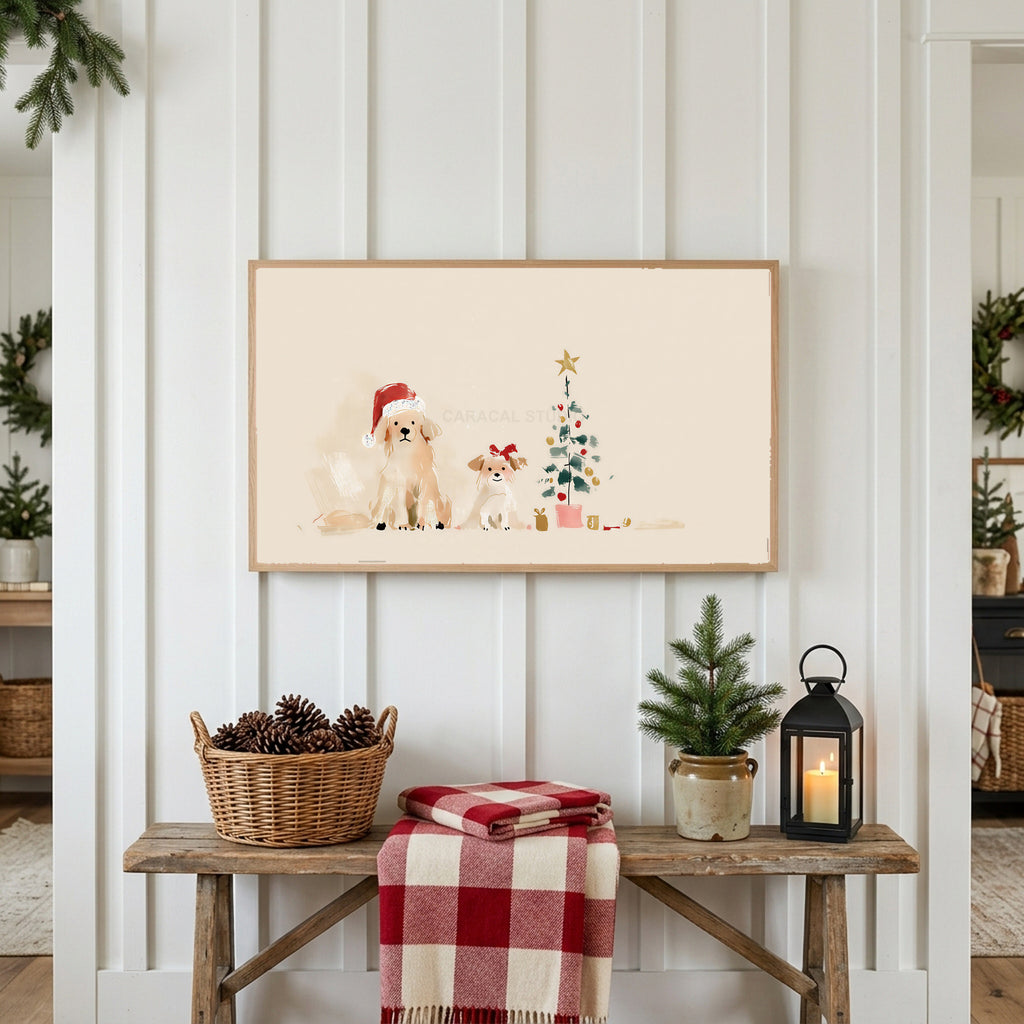 Christmas Frame TV art above a rustic bench with pine cones and a red check blanket on a white plank wall