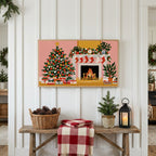 Tree and fireplace Frame TV art above a rustic bench with pine cones and a red check blanket on a white plank wall