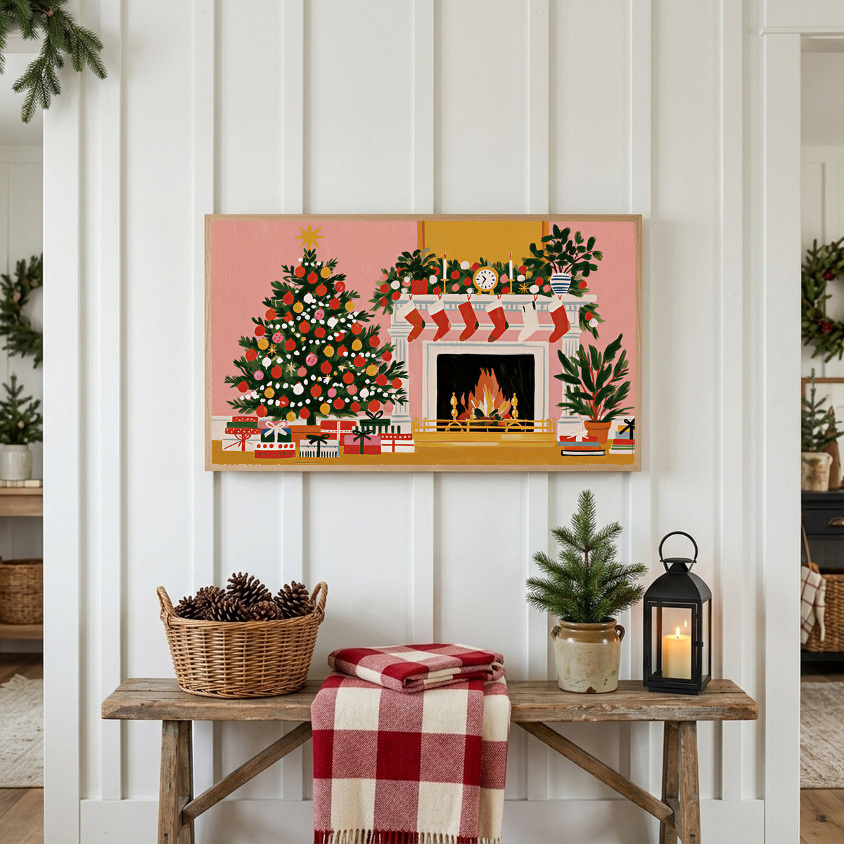 Tree and fireplace Frame TV art above a rustic bench with pine cones and a red check blanket on a white plank wall