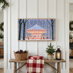 Snowy carousel Frame TV art above a rustic bench with pine cones and a red check blanket on a white plank wall