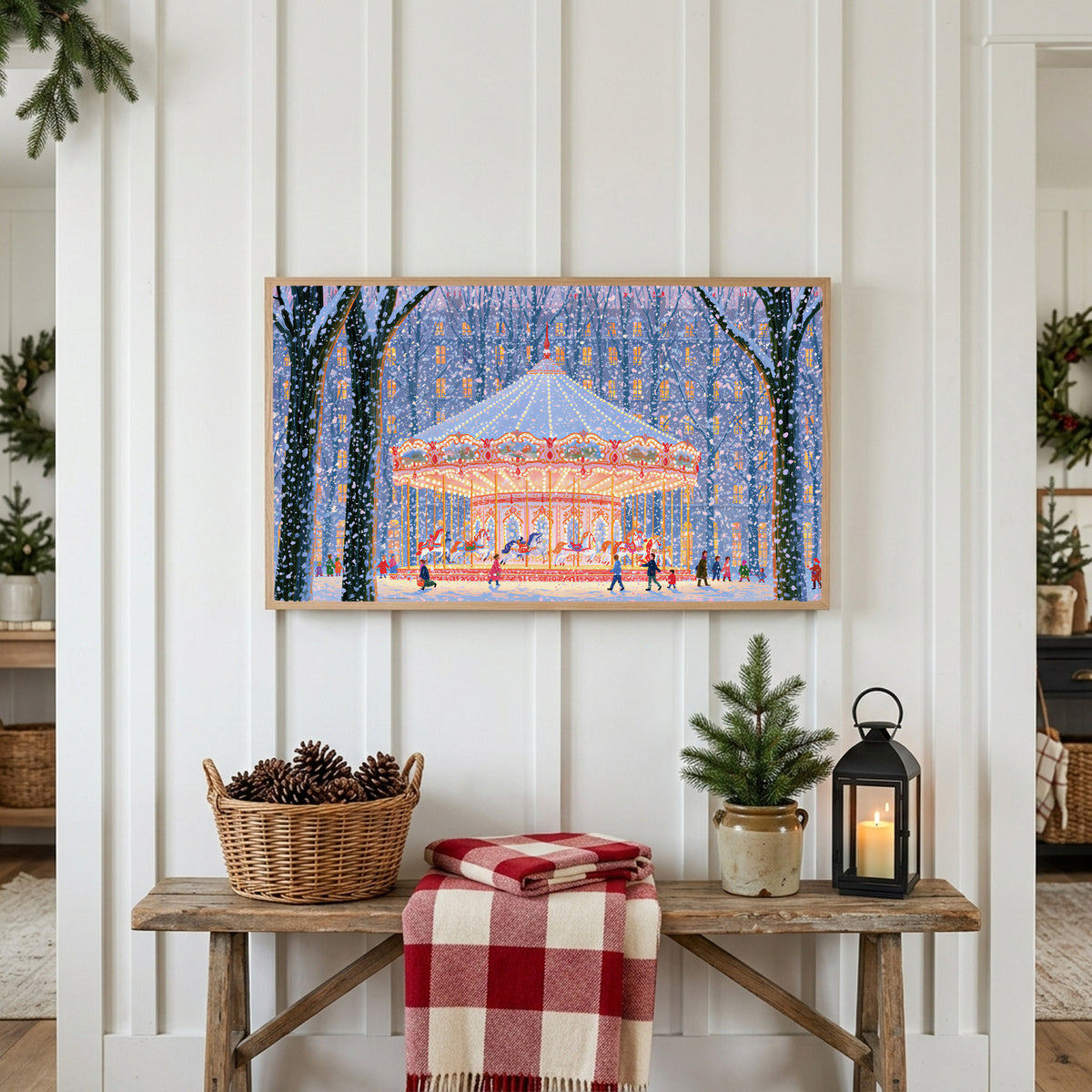 Snowy carousel Frame TV art above a rustic bench with pine cones and a red check blanket on a white plank wall