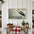 Winter Frame TV art above a rustic bench with pine cones and a red check blanket on a white plank wall