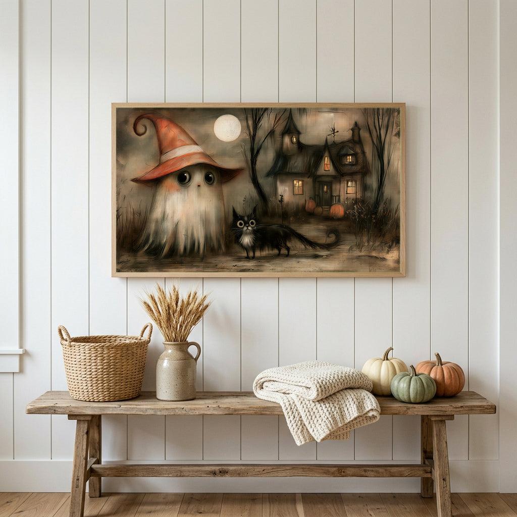 Halloween Frame TV art above a rustic bench with heirloom pumpkins on a white plank wall