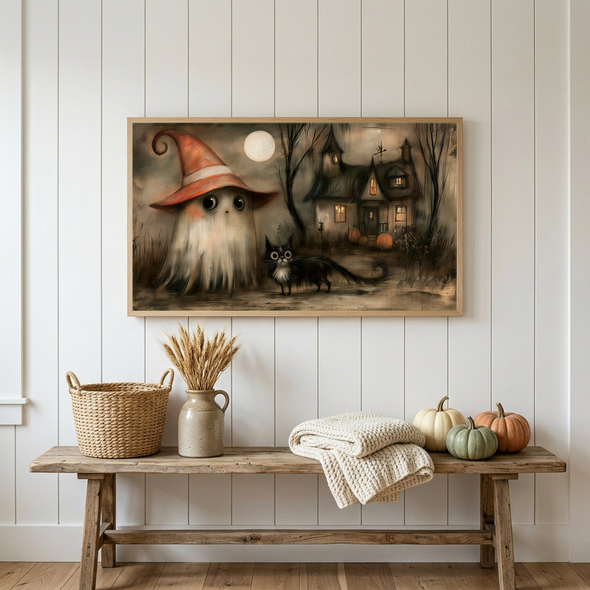 Halloween Frame TV art above a rustic bench with heirloom pumpkins on a white plank wall