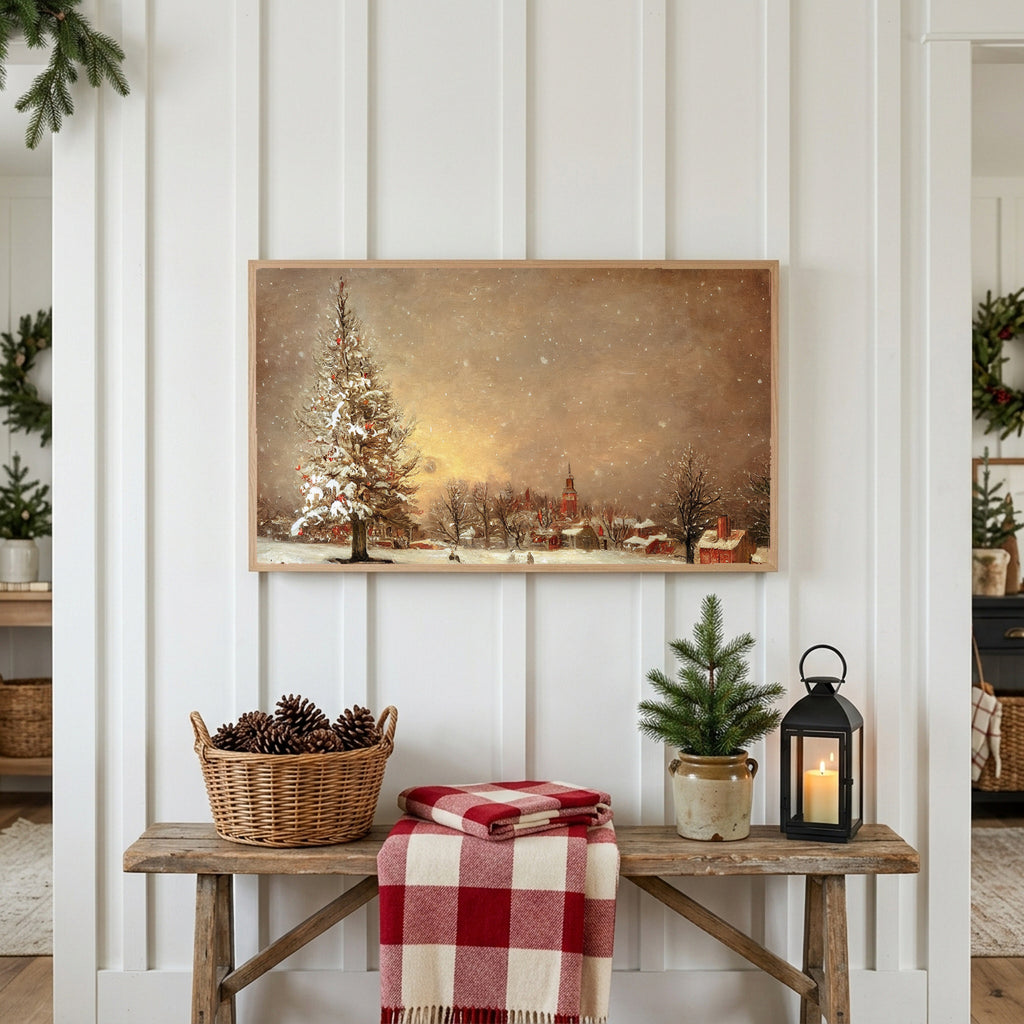 Christmas Frame TV art above a rustic bench with pine cones and a red check blanket on a white plank wall
