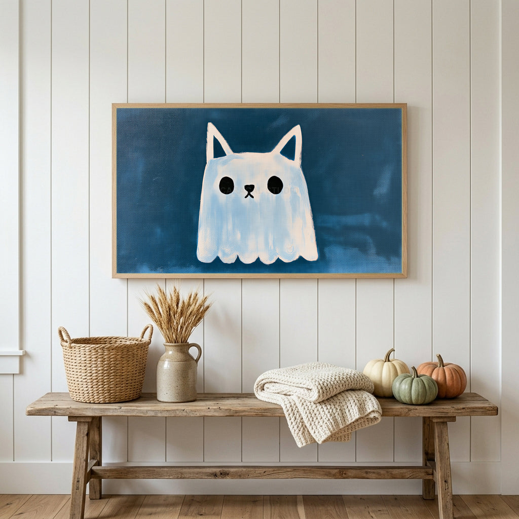 Cat eared ghost Frame TV art above a rustic bench with heirloom pumpkins on a white plank wall