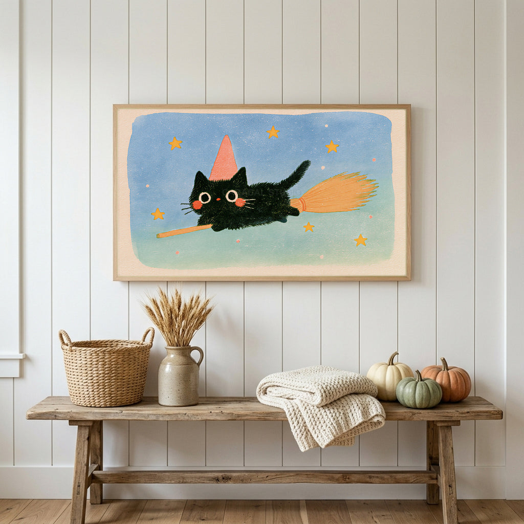 Black cat witch Frame TV art above a rustic bench with heirloom pumpkins on a white plank wall