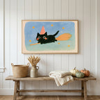 Black cat witch Frame TV art above a rustic bench with heirloom pumpkins on a white plank wall