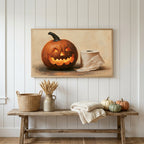 Halloween Frame TV art above a rustic bench with heirloom pumpkins on a white plank wall