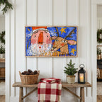 Christmas Frame TV art above a rustic bench with pine cones and a red check blanket on a white plank wall
