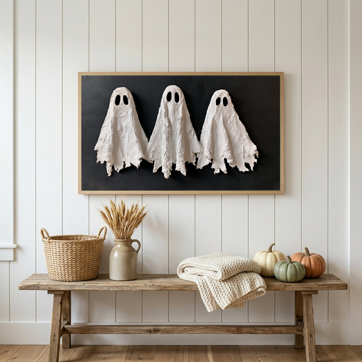 Textured ghosts Frame TV art above a rustic bench with heirloom pumpkins on a white plank wall