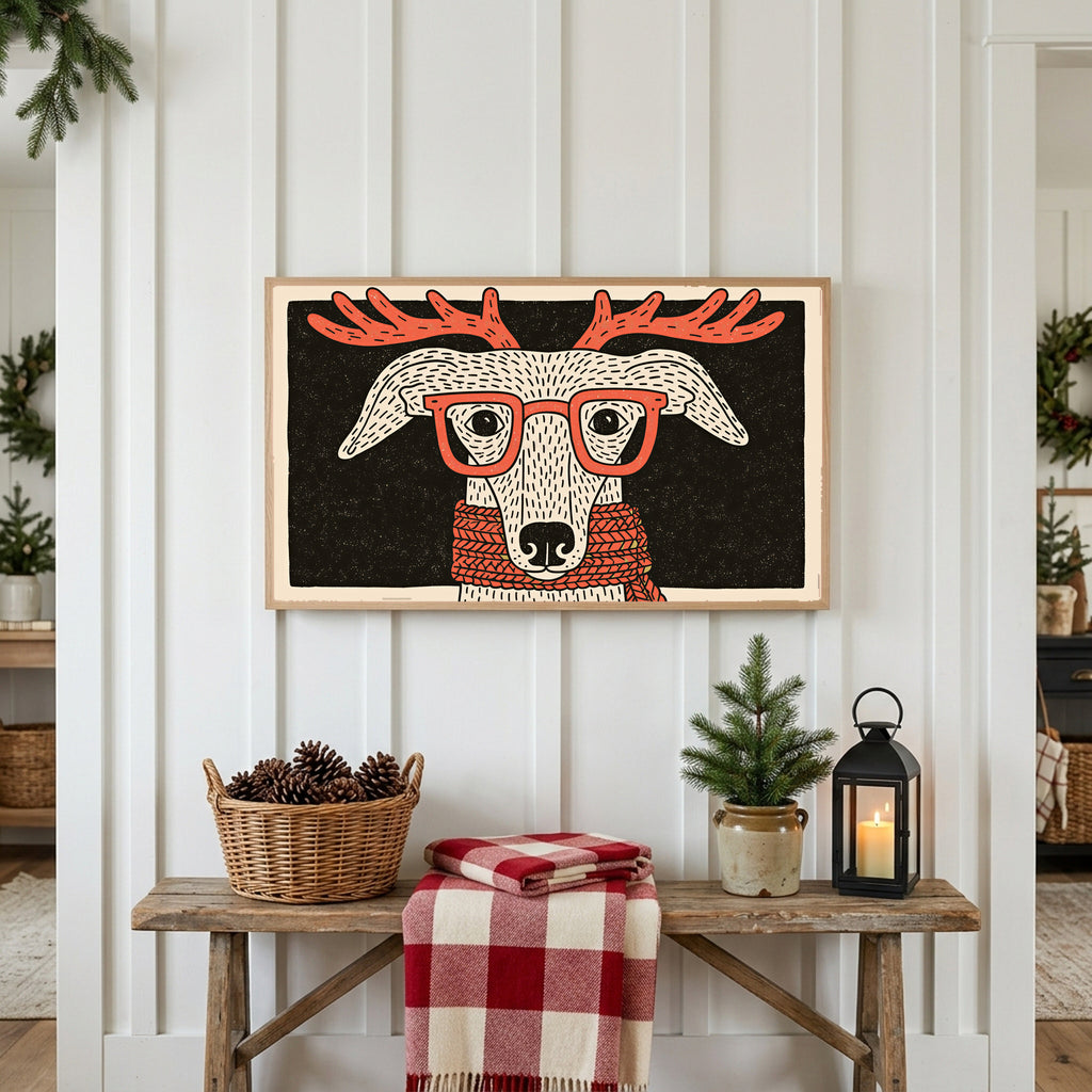 Christmas Frame TV art above a rustic bench with pine cones and a red check blanket on a white plank wall