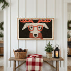 Christmas Frame TV art above a rustic bench with pine cones and a red check blanket on a white plank wall
